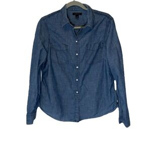 Vintage‎ 90s Lands End Blue Denim Button Front Shirt Size 12 Chambray